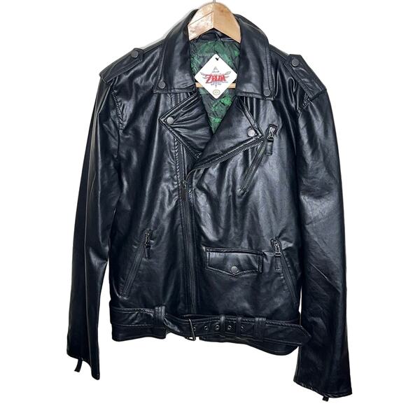 NINTENDO x ZELDA Hylian Royal Crest Faux Leather Biker Moto Jacket Black - Picture 3 of 9